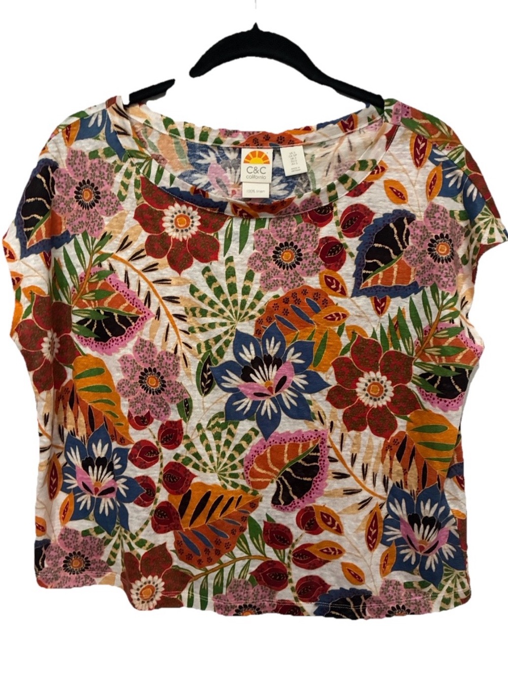 C&C California Multicolor Floral Crop Top — Blue Pink Orange 100% Linen